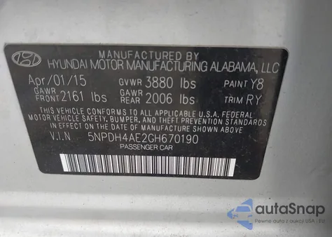 2016 Hyundai Elantra Value Edition z USA, uszkodzony, nr VIN 5NPDH4AE2GH670190